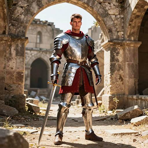 Medieval Knight in Armor Holding Sword in Ancient Stone Ruins