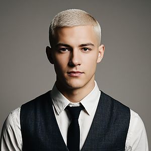 Young Man with Platinum Blonde Hair in Formal Attire