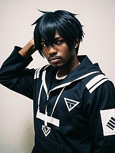 Black Male Anime Cosplay in Sailor-Inspired Outfit