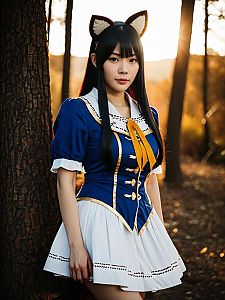 Sexy Woman Wearing Nanaba Cosplay Costume with Cat Ears Outdoors