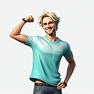 Young Man Flexing Muscles in Teal T-Shirt