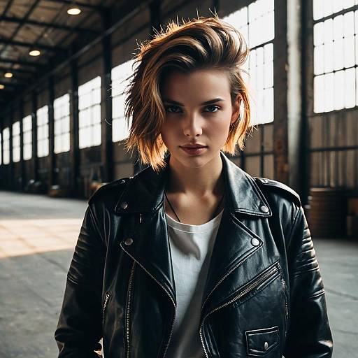 Confident Woman in Black Leather Jacket in Industrial Warehouse