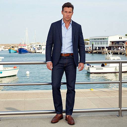Man in Navy Blazer and Jeans Standing by Marina Waterfront