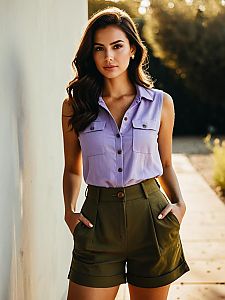 Stylish Woman in Lavender Sleeveless Top and Olive Green Shorts Outdoors