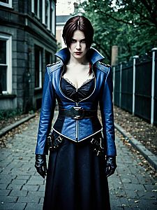 Confident Woman in Blue Leather Jacket on Cobblestone Street