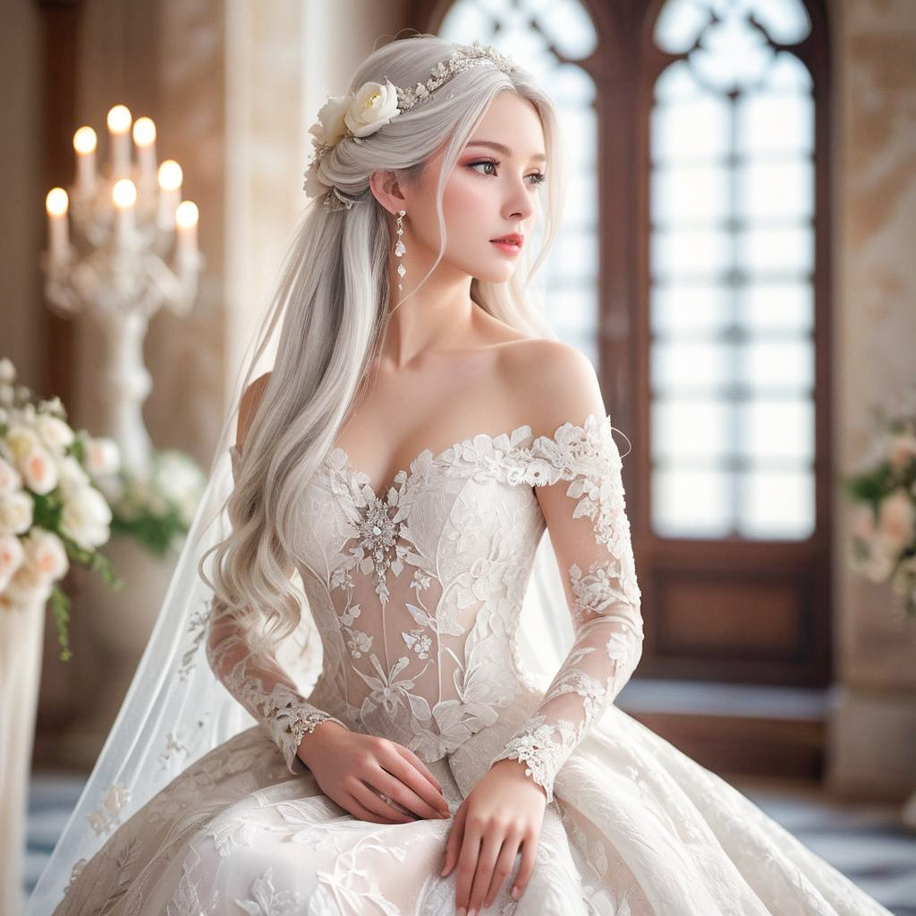 Elegant Woman in Lace Wedding Gown