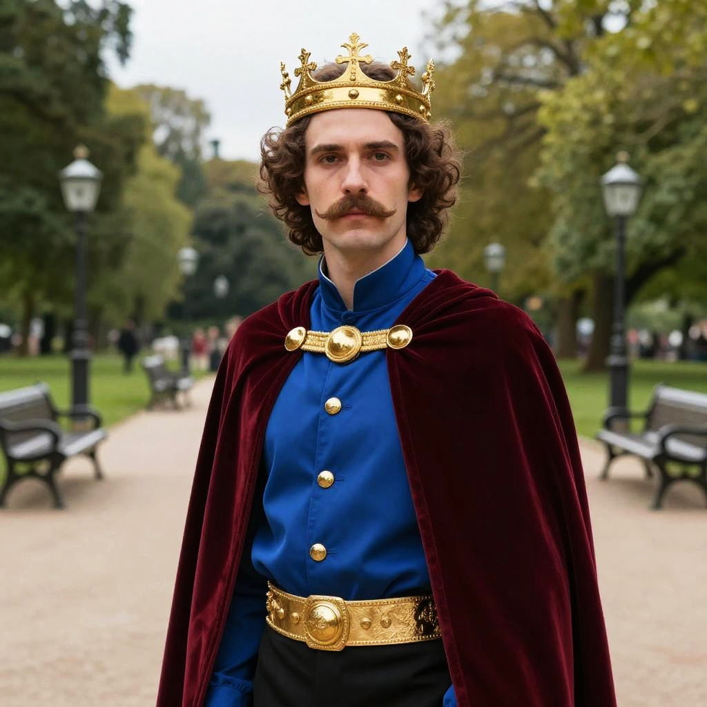 Medieval King Costume Man Wearing Crown and Velvet Cape in Park