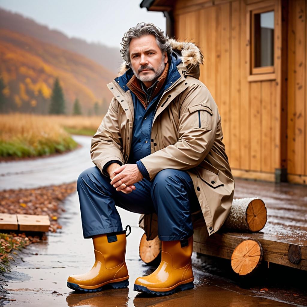 Man in Stylish Coat and Yellow Boots by Cozy Cabin in Autumn