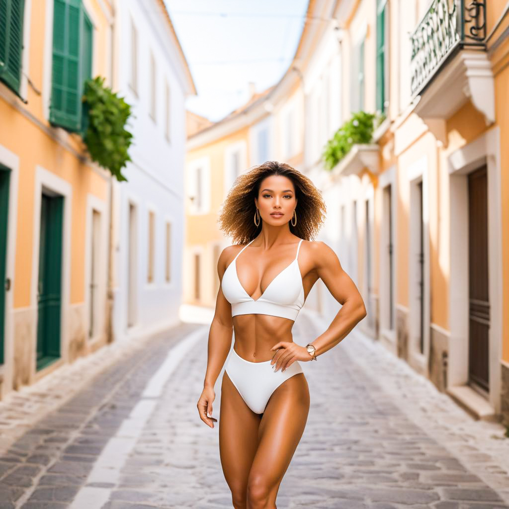 Confident Woman in Stylish White Bikini on Sunlit Street