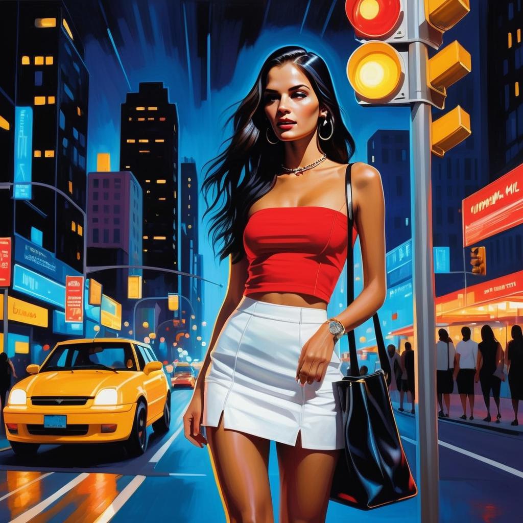 Stylish Woman in Neon City at Night