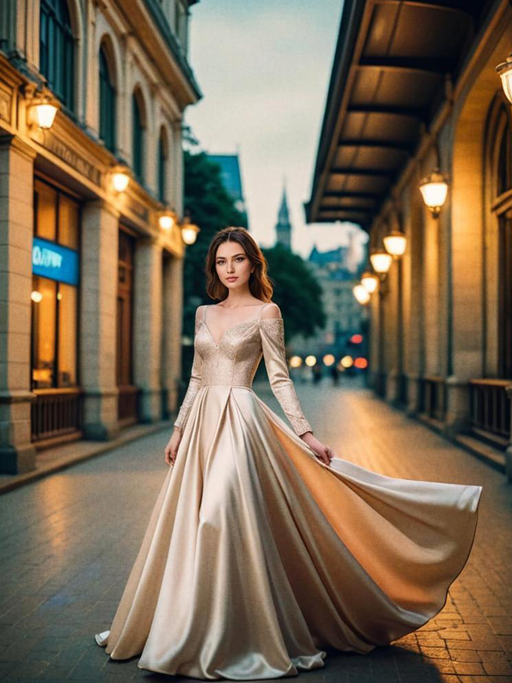 Elegant Woman in Flowing Gown at Dusk in Historic City