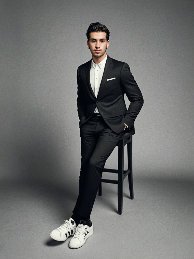 Stylish Young Man in Black Suit and Sneakers