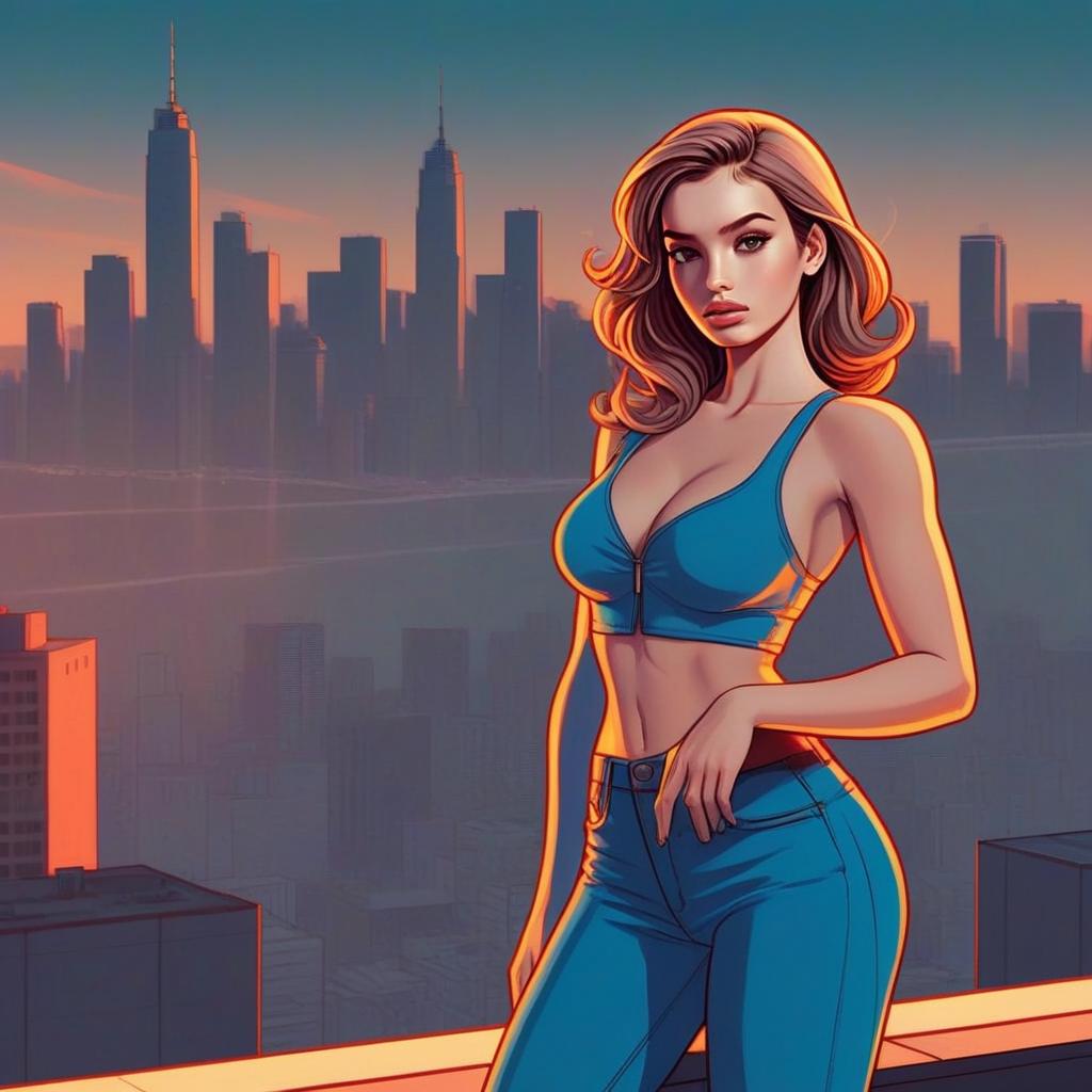 Confident Woman on Rooftop at Sunset