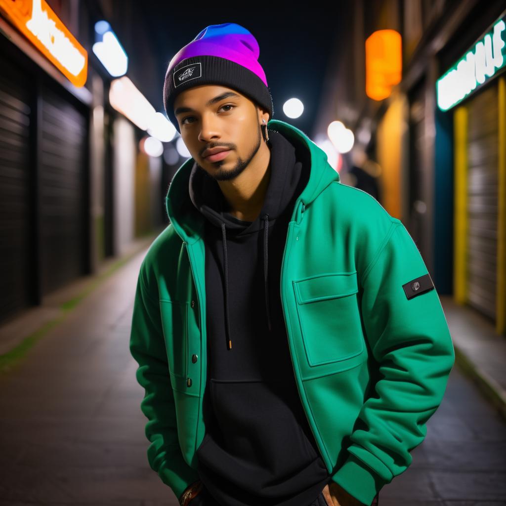 Confident Young Man in Green Hoodie Against Urban Backdrop