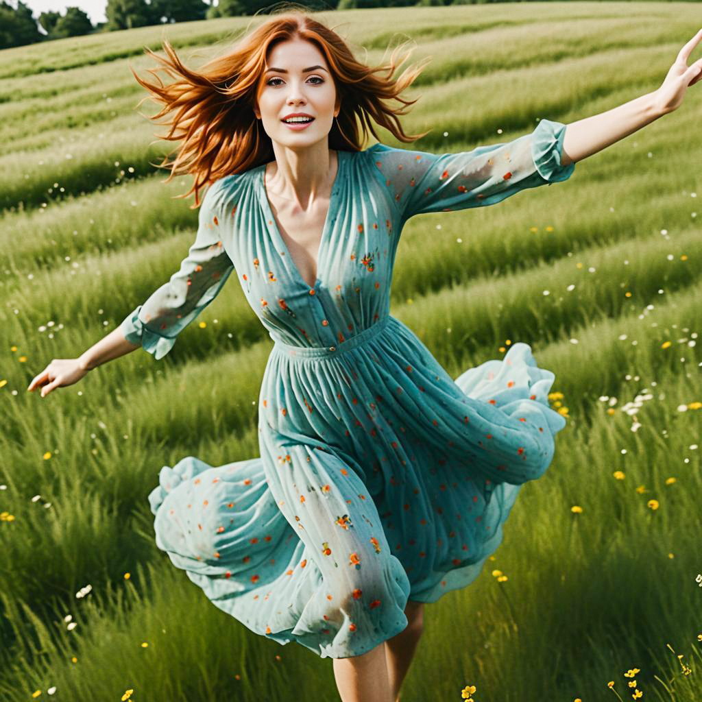 Joyful Woman in Floral Dress Running in Green Field