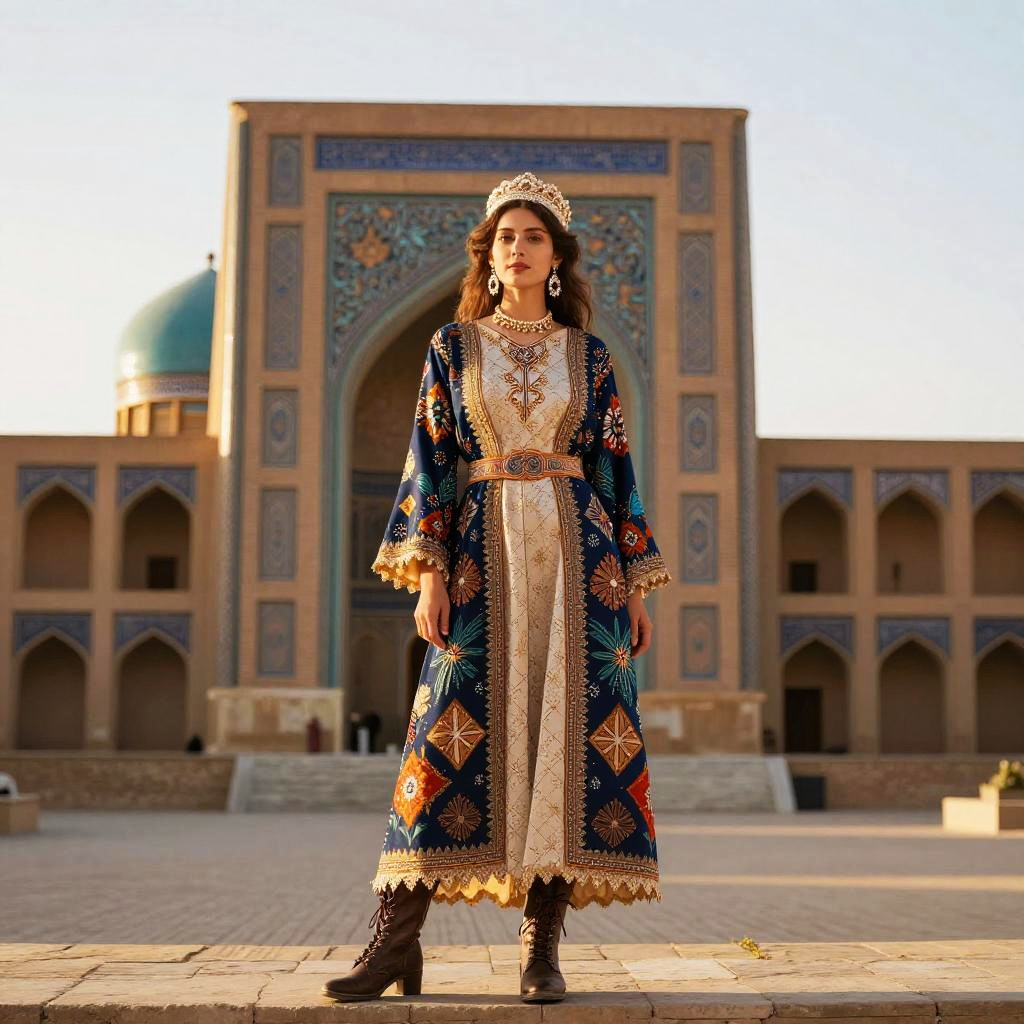 Woman in Traditional Embroidered Dress and Crown by Historic Tiled Archway