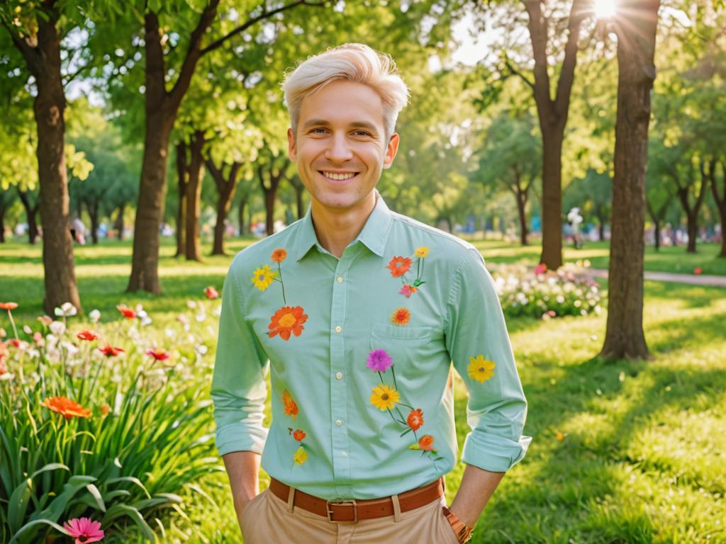 Optimistic man in sunlit park with unique shirt