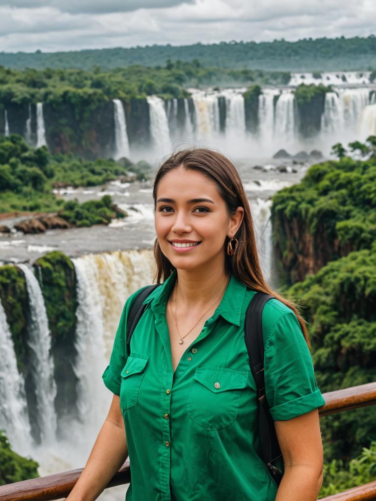 Radiant Woman Smiling by Waterfall