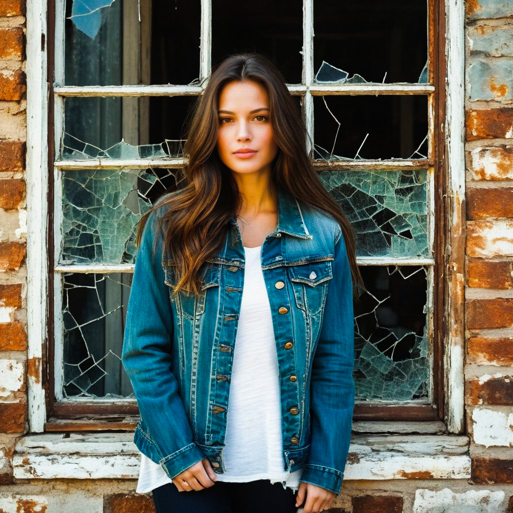 Confident Woman in Denim Jacket by Broken Window
