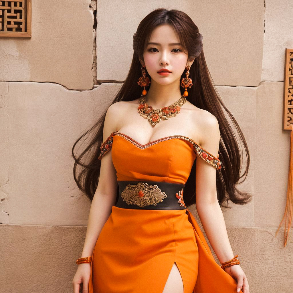 Young Woman in Orange Off-Shoulder Dress