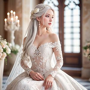 Elegant Woman in Lace Wedding Gown