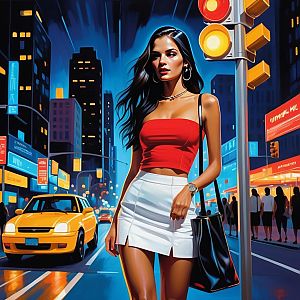 Stylish Woman in Neon City at Night