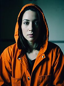 Portrait of Woman in Orange Prison Jumpsuit with Hood