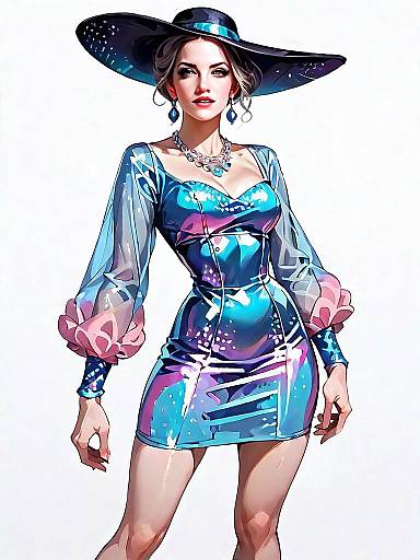 Stylish Woman in Iridescent Blue Dress with Wide-Brimmed Hat - Realistic Comic Art