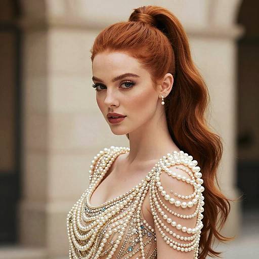 Red-Haired Woman in Pearl Beaded Elegant Dress with High Ponytail