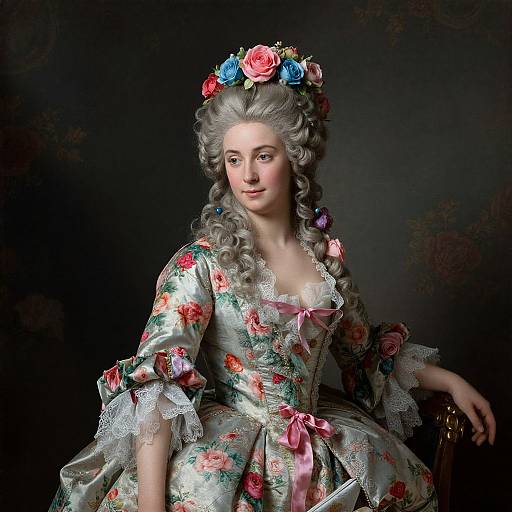 Woman in 18th Century Floral Rococo Gown with Powdered Wig