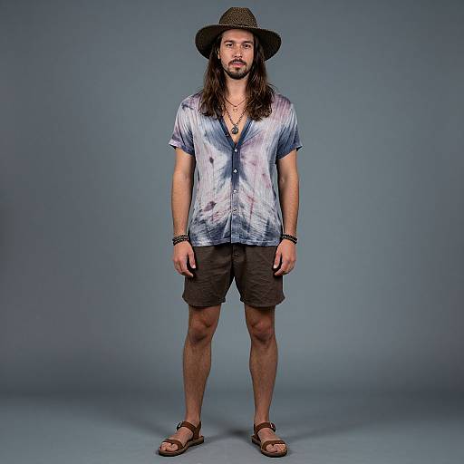 Man Wearing Tie-Dye Shirt and Wide-Brimmed Hat in Casual Bohemian Style