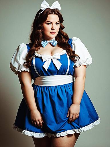 Plus Size Woman in Blue and White Vintage Style Dress with Long Brown Hair