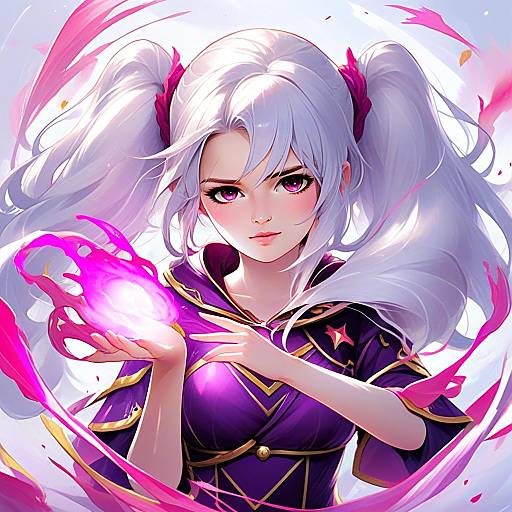 Anime Style White-Haired Woman Casting Magic Fire Orb