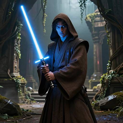 Man in Jedi Robe Holding Blue Lightsaber in Forest Temple
