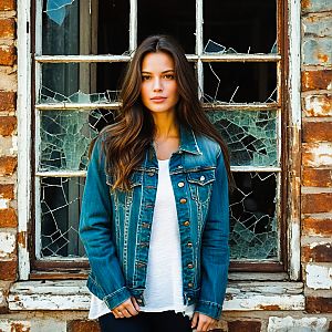 Confident Woman in Denim Jacket by Broken Window