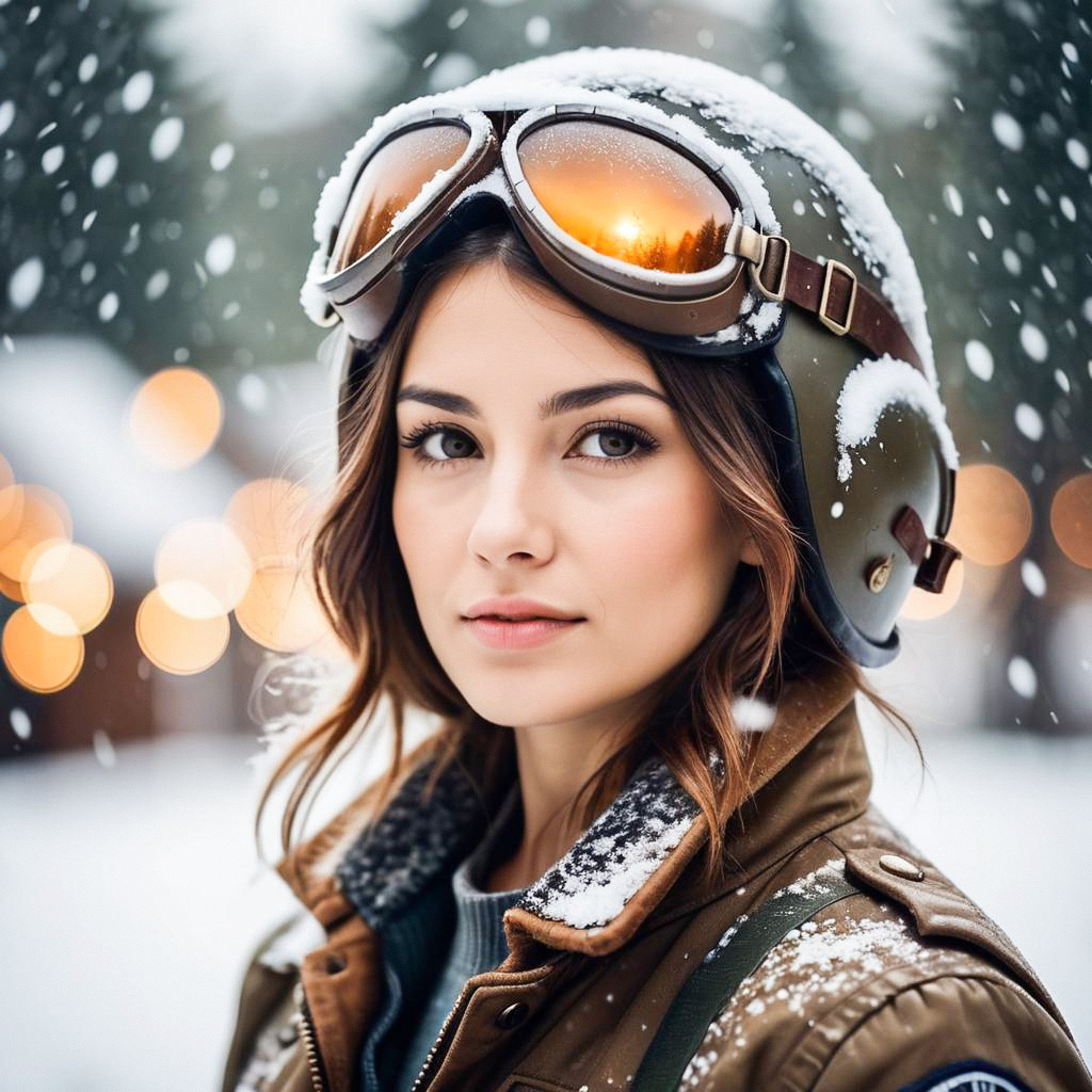 Young Woman in Vintage Aviator Helmet in Snowy Landscape