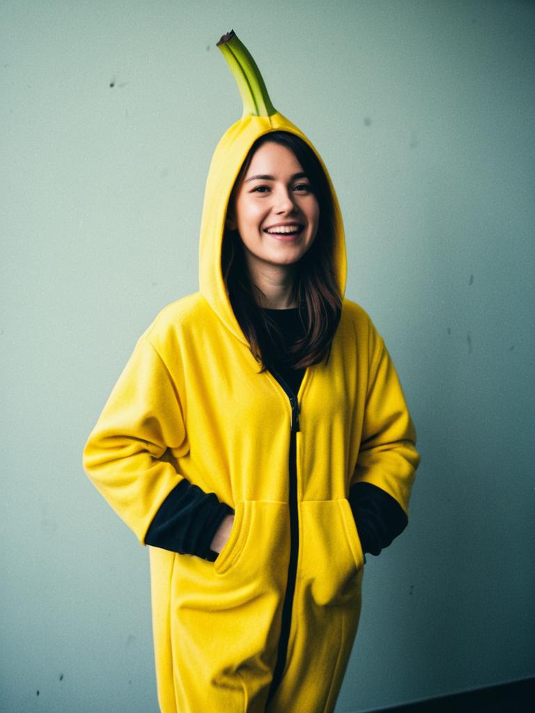 Smiling Woman Wearing Photorealistic Humorous Banana Costume Hoodie Smiling Woman Wearing Photorealistic Humorous Banana Costume Hoodie