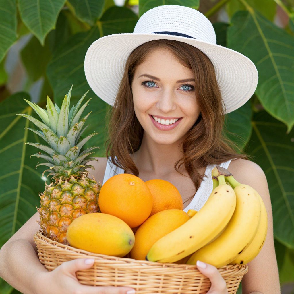 Smiling Woman with Basket of Fresh Tropical Fruits in Summer Hat