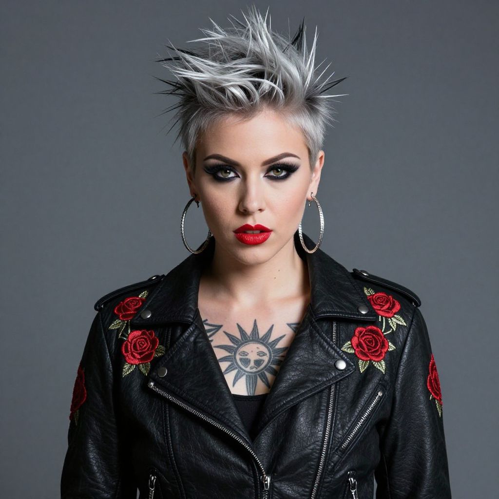 Edgy Punk Woman with Spiked Silver Hair and Red Rose Embroidered Leather Jacket