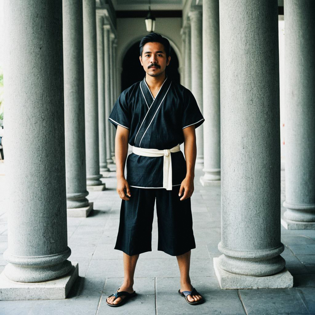 Man in Modern Filipino Attire between Stone Columns Man in Modern Filipino Attire between Stone Columns