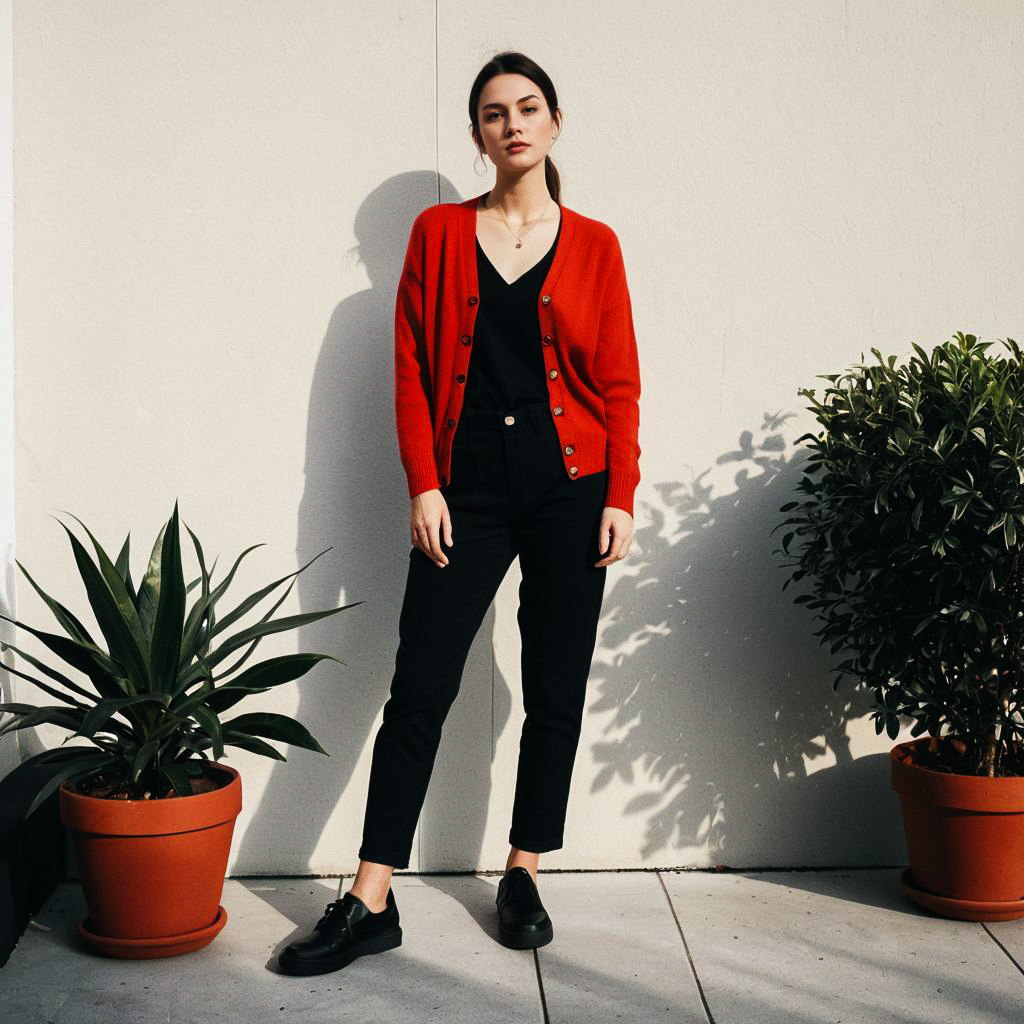 Stylish woman in red cardigan outdoors
