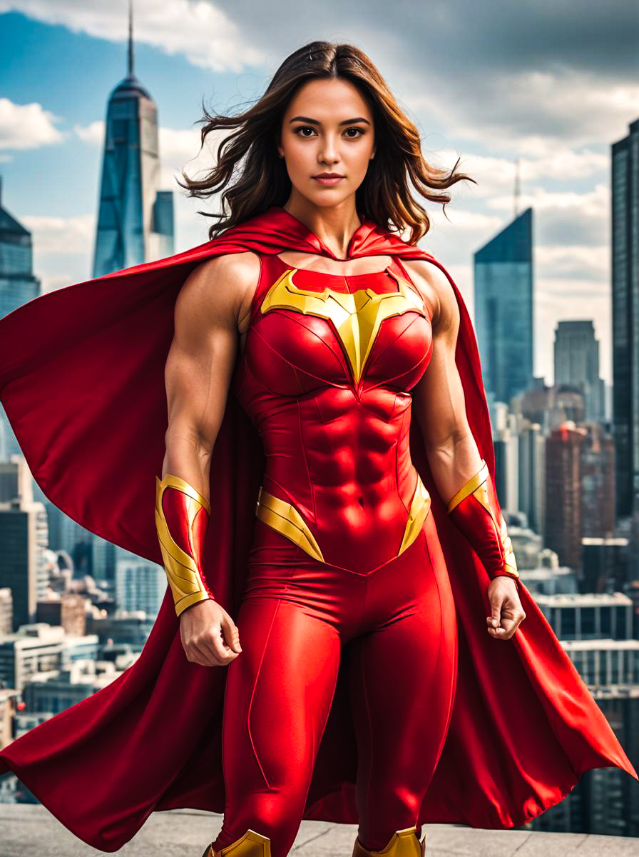 Confident Woman in Red Superhero Costume