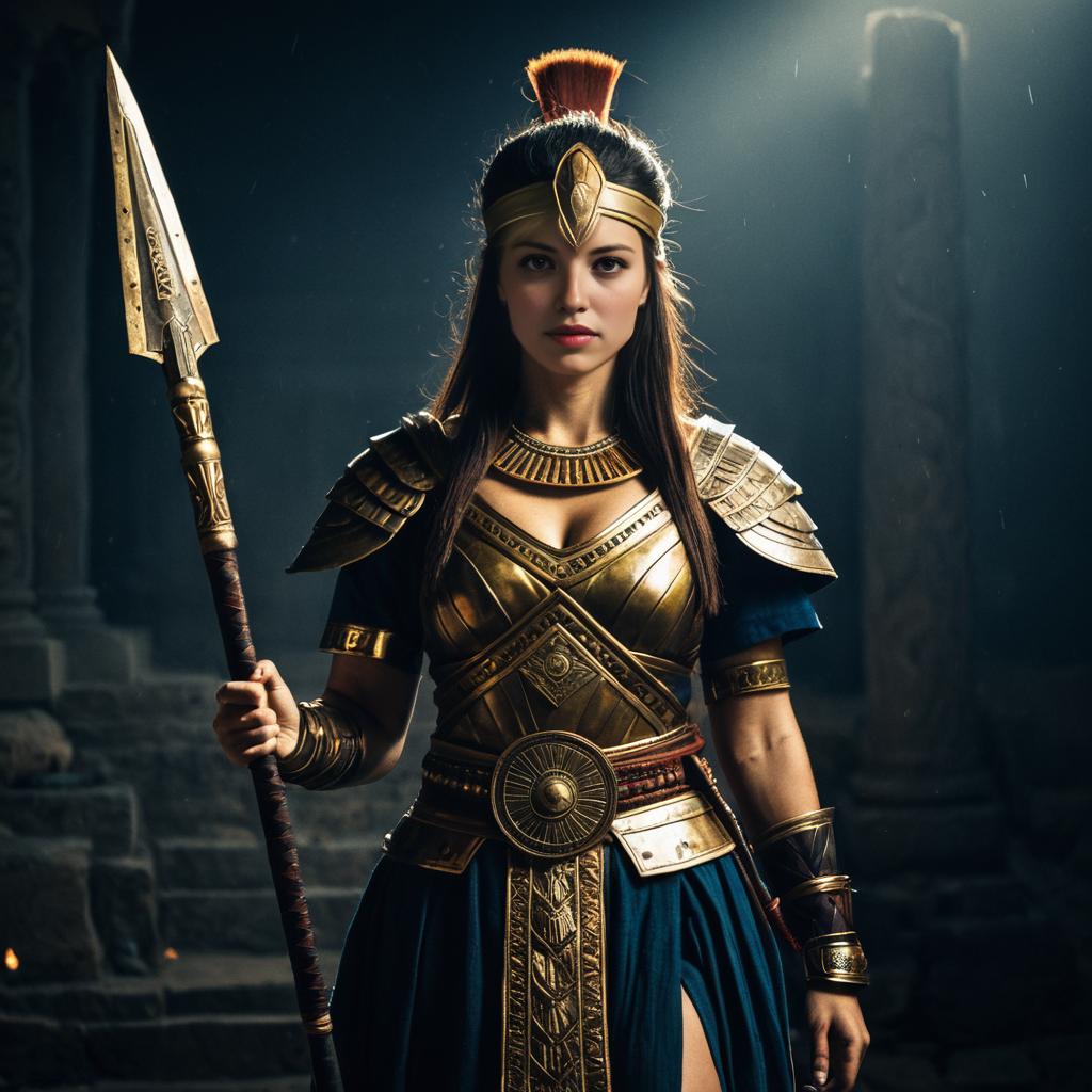 Female Ancient Warrior in Golden Armor Holding Spear
