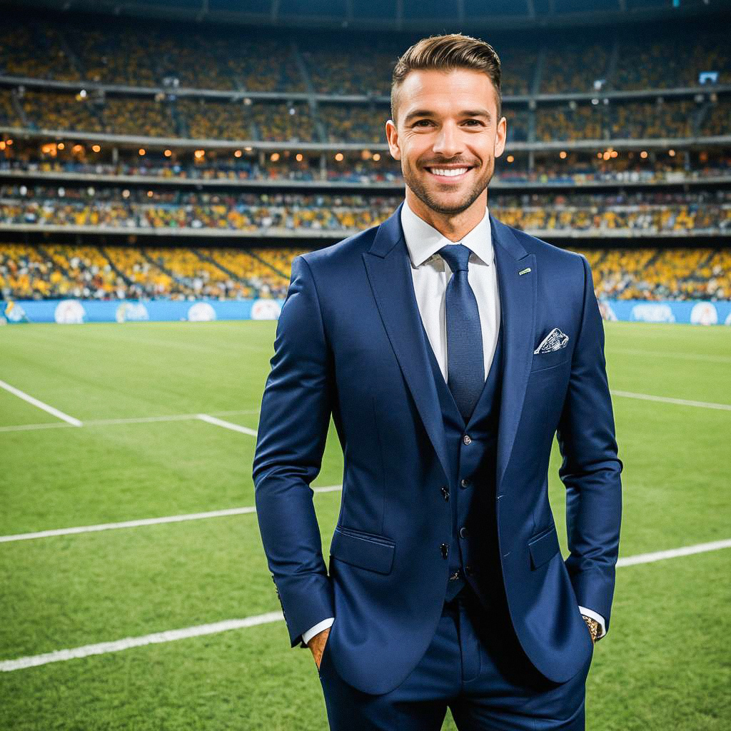 Stylish Man on Sports Field with Fans