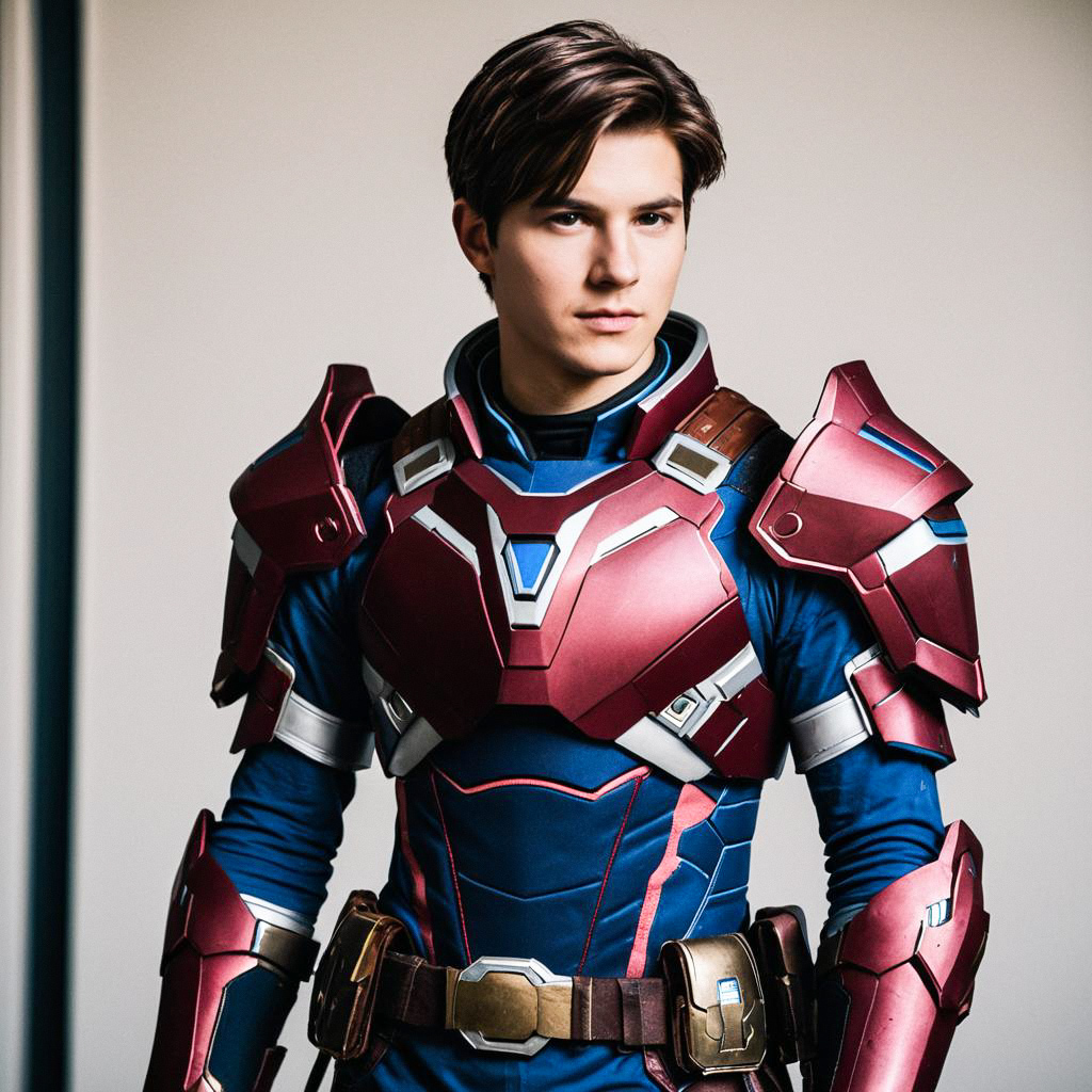 Confident Young Man in Futuristic Armored Costume Confident Young Man in Futuristic Armored Costume