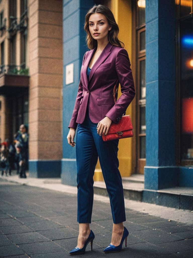 Stylish Woman in Purple Blazer on City Street