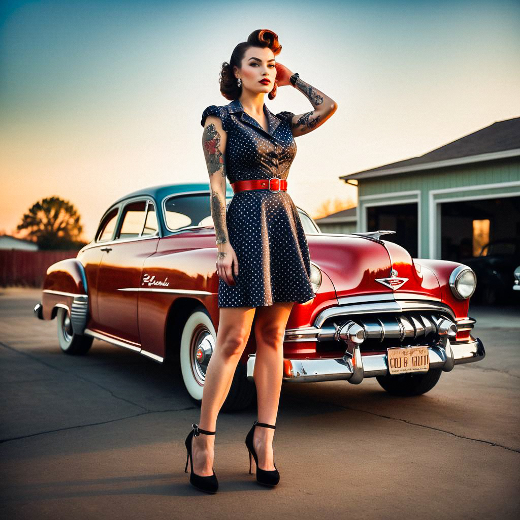 Confident Vintage Woman with Classic Car at Sunset Confident Vintage Woman with Classic Car at Sunset