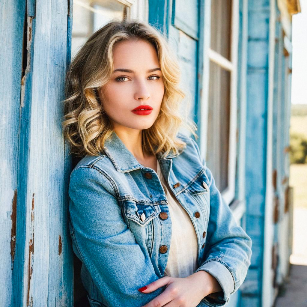 Young Woman in Denim Jacket by Blue Wall