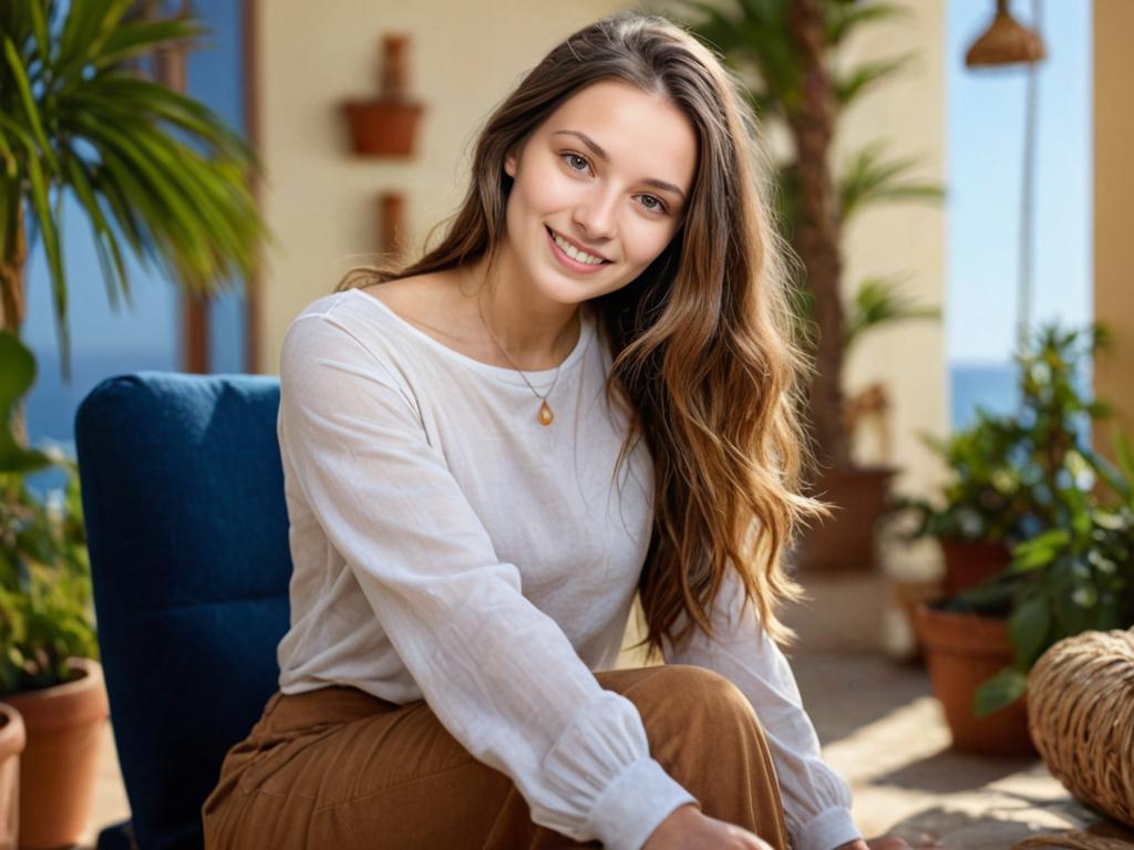 Woman in casual style seated outdoors