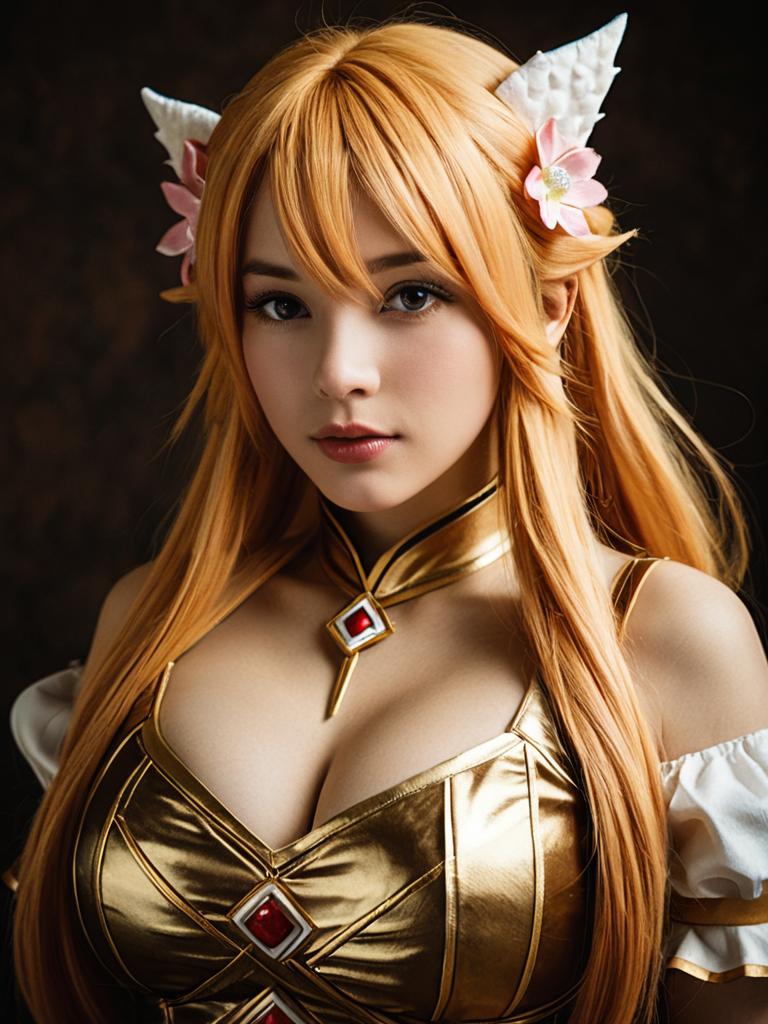 Realistic Shirahoshi Cosplay Woman in Gold Costume Portrait